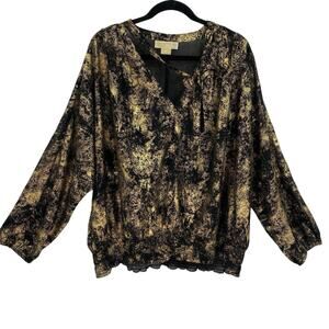 Michael Kors Women's Plus 3X Black Gold Shimmer Chiffon Blouse Top Tie V-Neck